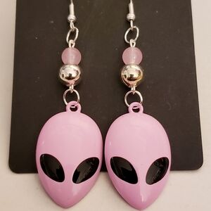 Handmade Beaded Metal Pink Alien Earrings